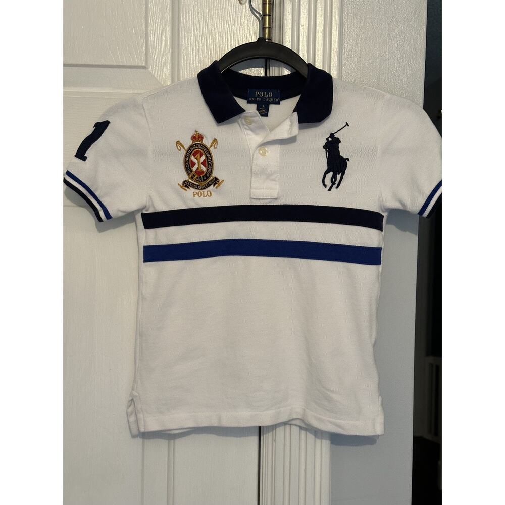 EUC Polo Ralph Lauren Big Pony Prep Polo Shirt Cotton White Navy Boys Sz 5